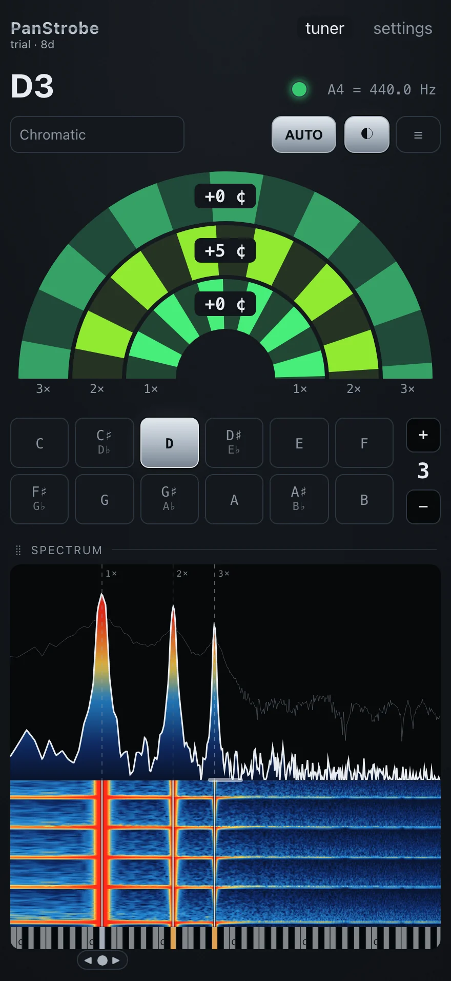 PanStrobe showing a D3 note, three strobe rings, and a spectrum with a filled waterfall