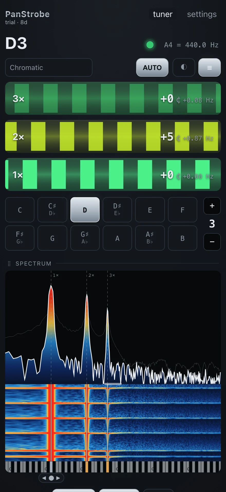 Horizontal strobe bands showing a separate tuning reading for each partial